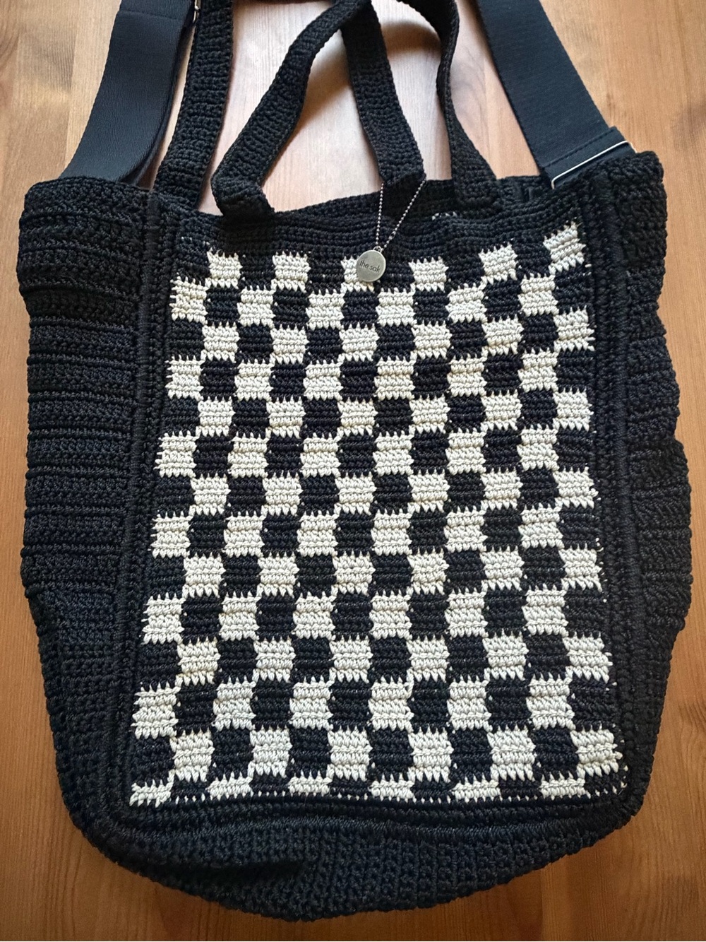 The Sak Lanie Market Tote Bag Black & Cream Crochet Checkered Checkerboard - Picture 2 of 6
